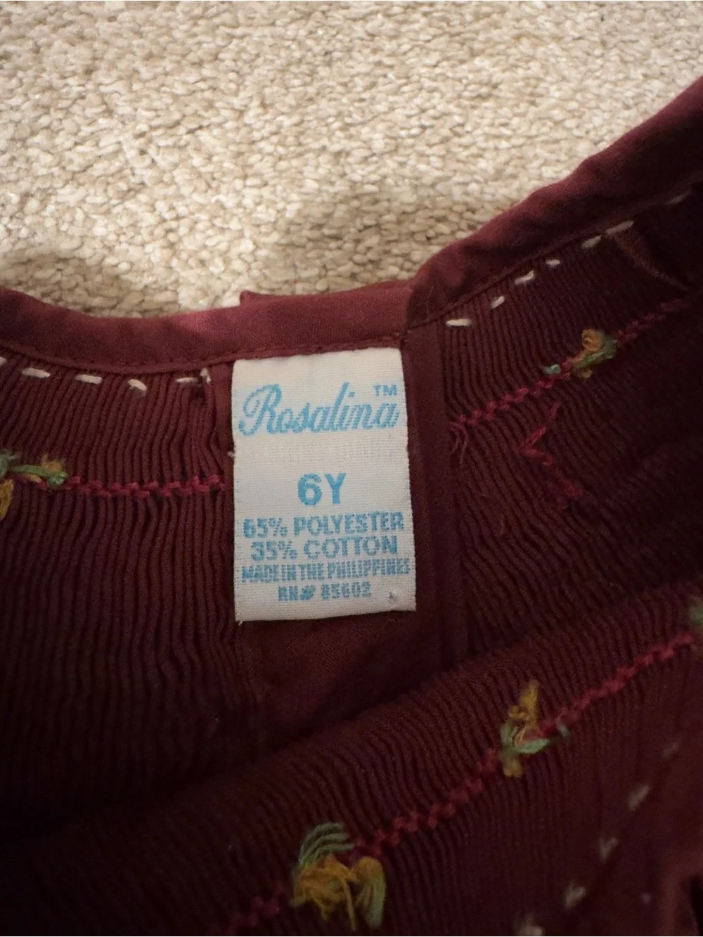 Rosalina Girls' Burgundy Smocked Puff-Sleeve Dress size 6t